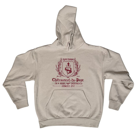Beige hoodie with red emblem and text on a white background