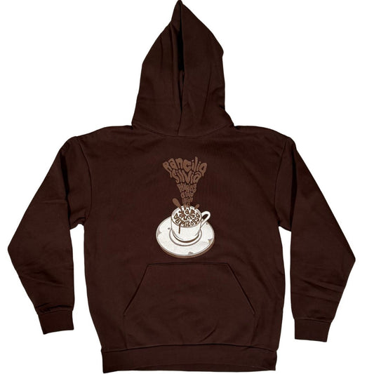 Brown hoodie with a coffee cup graphic on a white background